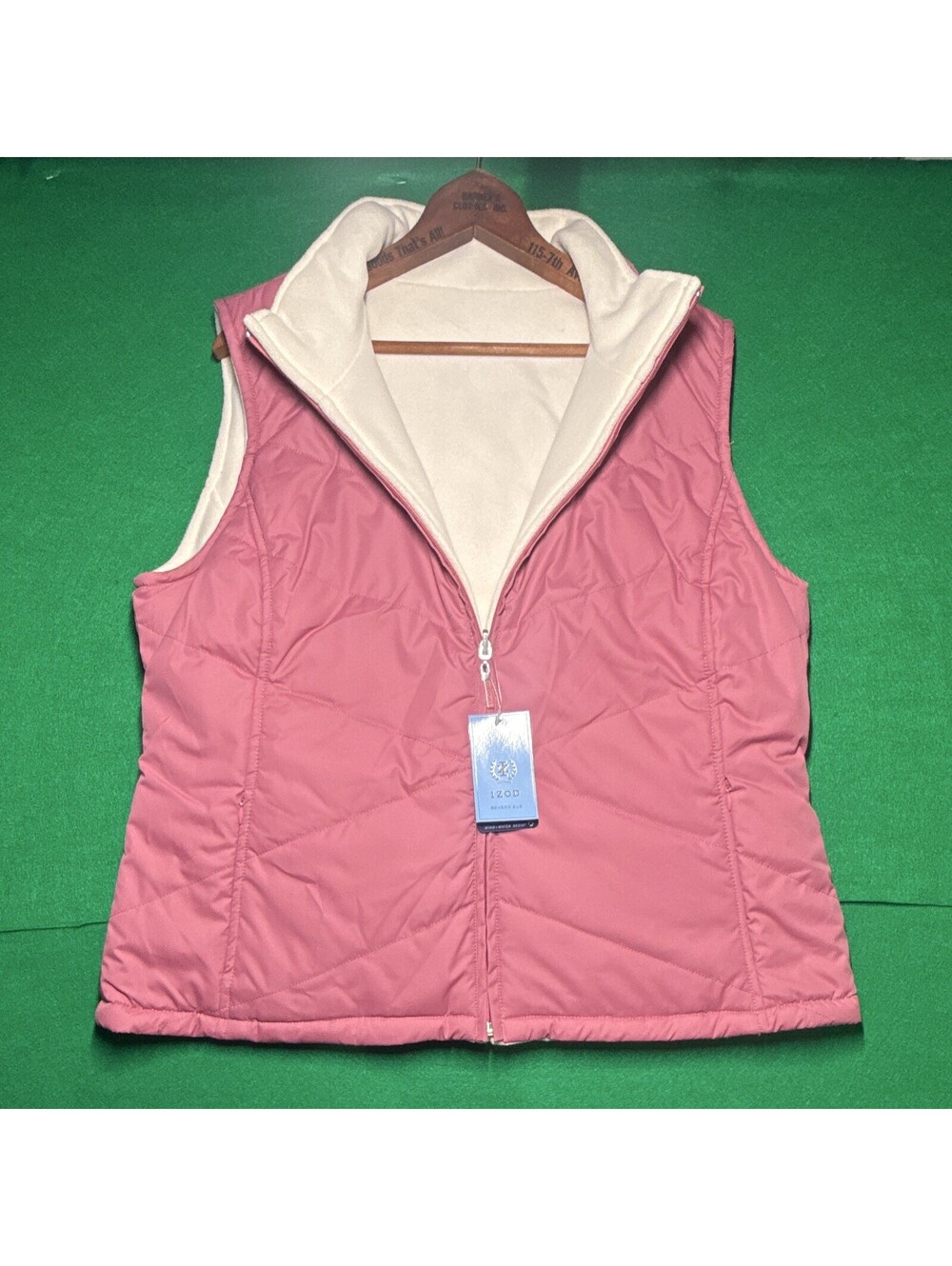 NWT IZOD Women's Reversible Quilted Puffer Vest Deep Rose Pink Fleece XL